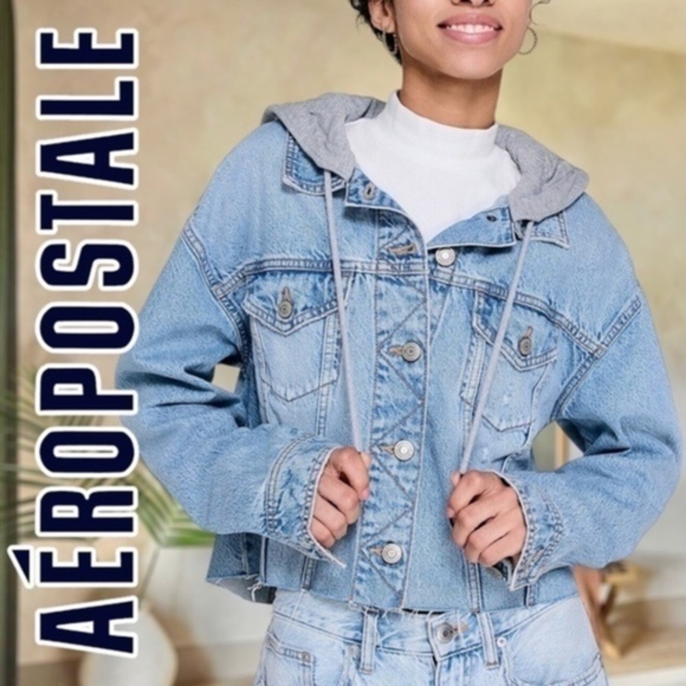 AÉROPOSTALE Oversize 100% Cotton Denim Jacket w/Contrast Gray Hood